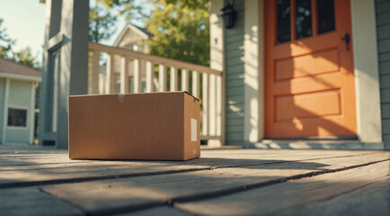 Package box delivery to home front door. Delivered cardboard parcel on porch near main entrance on summer day. Online purchase delivery service concept