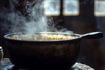 Wisps of aromatic steam rise from a simmering pot of homemade garlic soup, inviting warmth and comfort on a chilly evening.