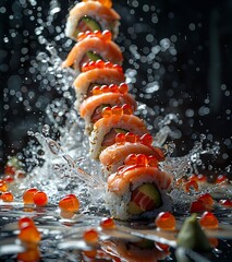 sushi falling from the kitchen, in the style of explosive abstracts, photo-realistic compositions. Generative AI
