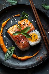 sushi on a black plate with an extra sauce and chopsticks, minimalist photography. Generative AI