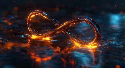 Symbole de l'infini en 3D, brillant avec des effets de lumière orange et bleue. - obrazy, fototapety, plakaty