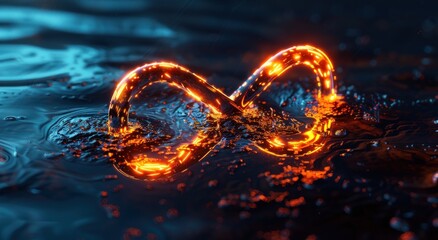 Symbole de l'infini en 3D, brillant avec des effets de lumière orange et bleue.