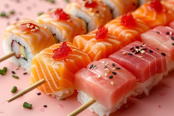 sushi on bamboo sticks on a pink background, in the style of light teal and light red, colourful. Generative AI