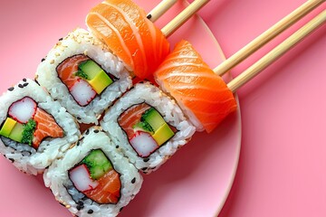 sushi on bamboo sticks on a pink background, in the style of light teal and light red, colourful. Generative AI
