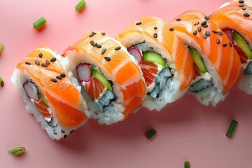sushi on pink background, in the style of dark brown and azure. Generative AI