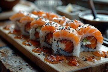 sushi on the board with chopsticks and sauce, in the style of dark brown and red, swirling vortexes, ready-made, multi-layered. Generative AI