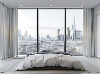 Modern bedroom with a large bed and floor-to-ceiling window overlooking the London skyline,...