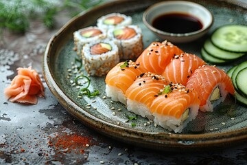 sushi plate arranged on a grey background with shrimp, salmon and cucumber. Generative AI