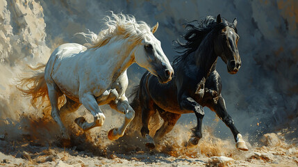 Obraz na płótnie Canvas white and black horse running