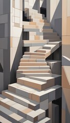 Abstract stairway geometric art Neutral colours beige and gray