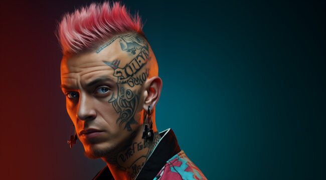 Le portrait d'un punk avec une coupe de cheveux Mohawk et des tatouages, image avec espace pour texte.