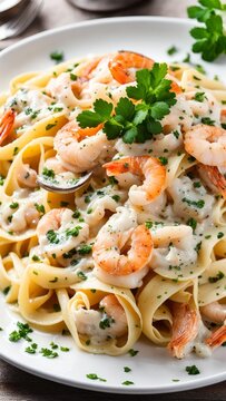 A plate with delicious pasta, fettuccine alfredo, decorated with pieces of seafood. The pasta is covered with a delicate white sauce