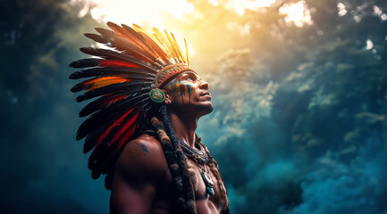Un guerrier Maya en costume traditionnel regardant le ciel, image avec espace pour texte. - obrazy, fototapety, plakaty
