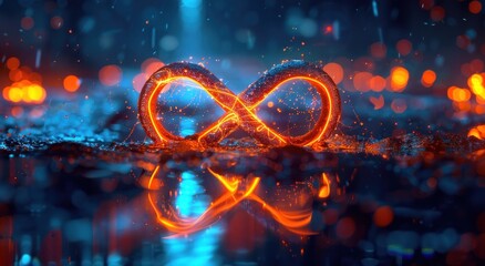 Le symbole de l'infini coloré en néon orange et bleu, reflet sur une surface mouillée, particules lumineuses.