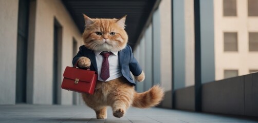 A plump cute red cat in a business suit with a tie and a business briefcase in his hand runs into an office building. AI generation. - obrazy, fototapety, plakaty