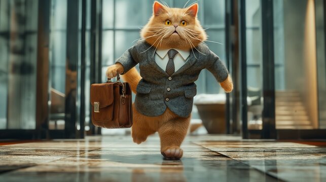 A plump cute red cat in a business suit with a tie and a business briefcase in his hand runs into an office building. AI generation. - Powered by Adobe