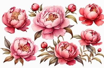 Serene and delicate portrayal of peony blooms against a smooth white canvas, emphasizing the flowers' tender petals and lush appearance. - obrazy, fototapety, plakaty