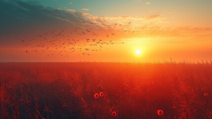  A flock of birds flies over a field of tall grass at sunset, their silhouettes contrasting against the setting sun Meanwhile, another flock resides in the sky above