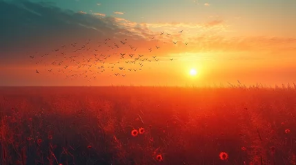Fotobehang   A flock of birds flies over a field of tall grass at sunset, their silhouettes contrasting against the setting sun Meanwhile, another flock resides in the sky above © Mikus