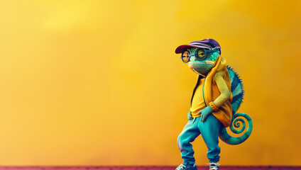 A cartoon lizard wearing a yellow shirt and blue pants is standing on a yellow background. bright, modern chameleon, standing straight, in modern youth clothes, a cap, stylish glasses - obrazy, fototapety, plakaty