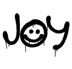 Spray paint graffiti tag JOY and smile emoji.