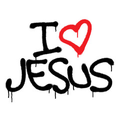 Religious spray graffiti tag ''I Love Jesus''. Hand lettering typography. White background.