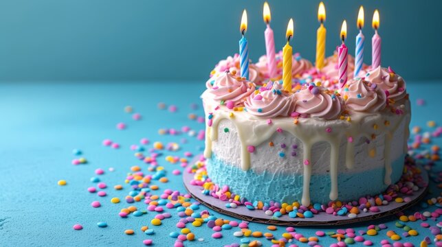   A blue table holds a birthday cake with pink and blue frosting, topped with sprinkles