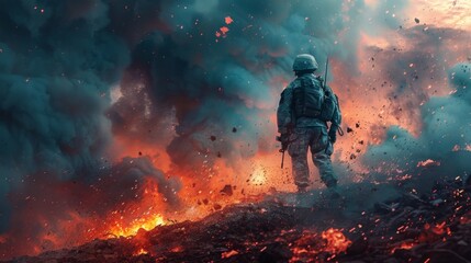 A soldier walks across the battlefield during a combat mission - obrazy, fototapety, plakaty