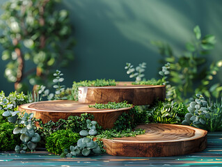 Wooden podium product display in greenery, leaves and flowers, over the nature background, eco product advertisement - 773340417