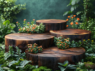 Wooden podium product display in greenery, leaves and flowers, over the nature background, eco product advertisement