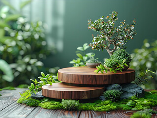 Wooden podium product display in greenery, leaves and flowers, over the nature background, eco product advertisement