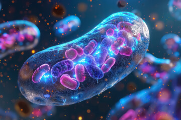 vibrant microscopic view of mitochondria within a cell, illuminated biological illustration