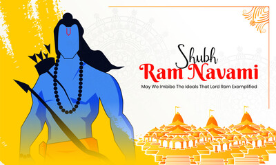 illustration of Lord Rama with bow arrow with background of ram mandir - obrazy, fototapety, plakaty