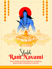 Ram Navami celebration background for religious holiday of India grungy texture decorative illustration of Lord Rama with bow arrow