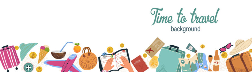 Banner with elements of traveling and tourism. Colorful tourist objects: suitcase, map, airplane and space for text. Summer vacation background. Colorful flat vector horizontal illustration.