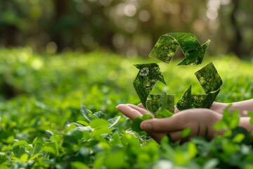 Hand holding a recycling symbol. Environmentally friendly.