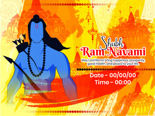 Ram Navami celebration background for religious holiday of India grungy texture decorative illustration of Lord Rama with bow arrow