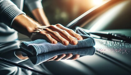 Person Hand Gently Wiping The Car's Surface With A Microfiber Cloth - obrazy, fototapety, plakaty