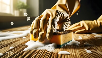 Hands Wearing Natural Rubber Gloves Scrubbing A Wooden Surface With A Biodegradable Sponge Covered In Soap Suds - obrazy, fototapety, plakaty