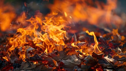 Flames rising from a pile of burning autumn 