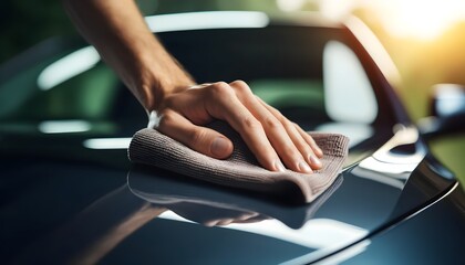 Person's Hand Gently Wiping The Car's Surface With A Microfiber Cloth - obrazy, fototapety, plakaty