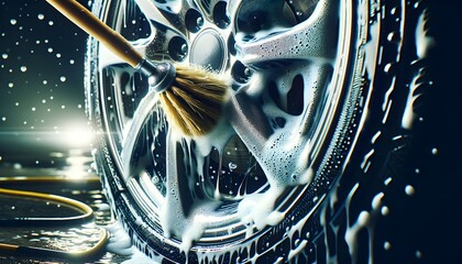 Shiny Car Wheel As It's Being Scrubbed Clean With A Soft Brush