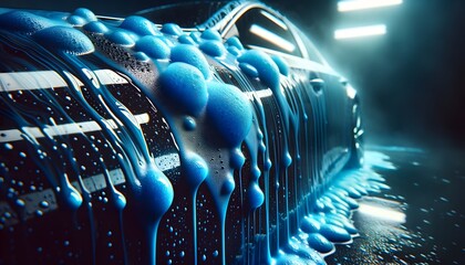 Vibrant Blue Soapy Suds Dripping Down The Sleek Surface Of A Black Car