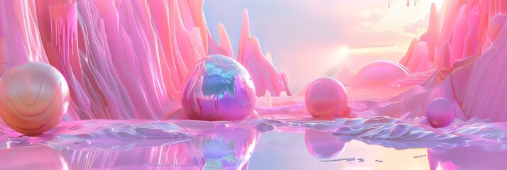 4d surreal background pink holographic terrain and glossy spheres - obrazy, fototapety, plakaty