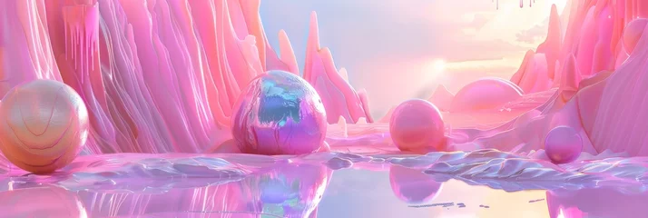 Keuken foto achterwand 4d surreal background pink holographic terrain and glossy spheres © Bilas AI