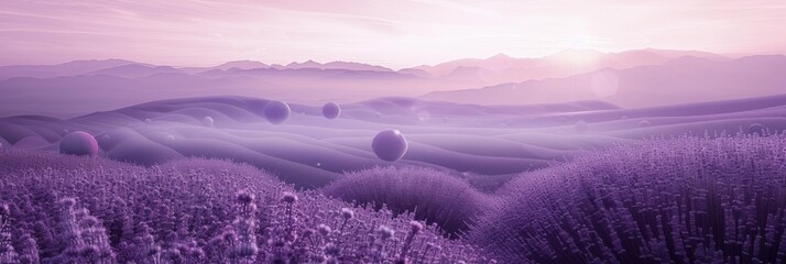 A monochrome lavender landscape, with minimalist spheres that gently merge into the environment,...