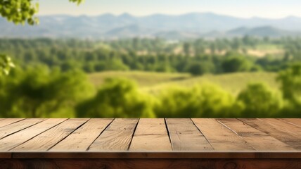 The empty wooden brown table top with blur background of Napa hill landscape. Exuberant image. generative AI