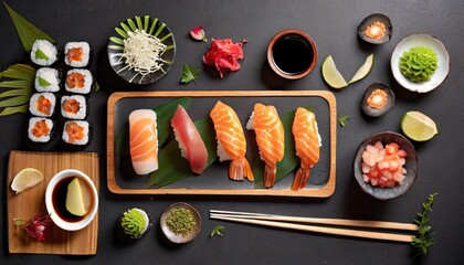 A sashimi sushi set with soy sauce on a dark background. Generated with AI