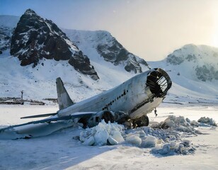 Plane crash in snowy mountains. Generated with AI