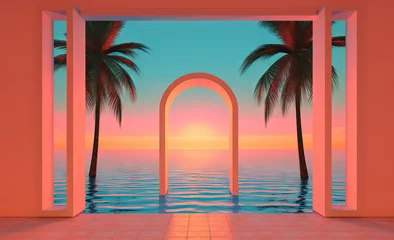 Open window with tropical landscape and ocean in y2k or vaporwave style. Pink sunrise in 90s style room, vacation calmness frame. © swillklitch